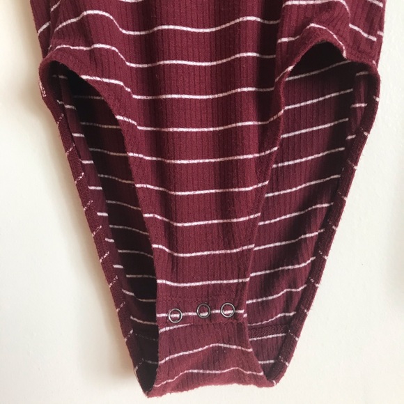 Hollister Long Sleeve Off Shoulder Burgundy Maroon Wht Stripe Leotard Bodysuit S - Picture 5 of 16